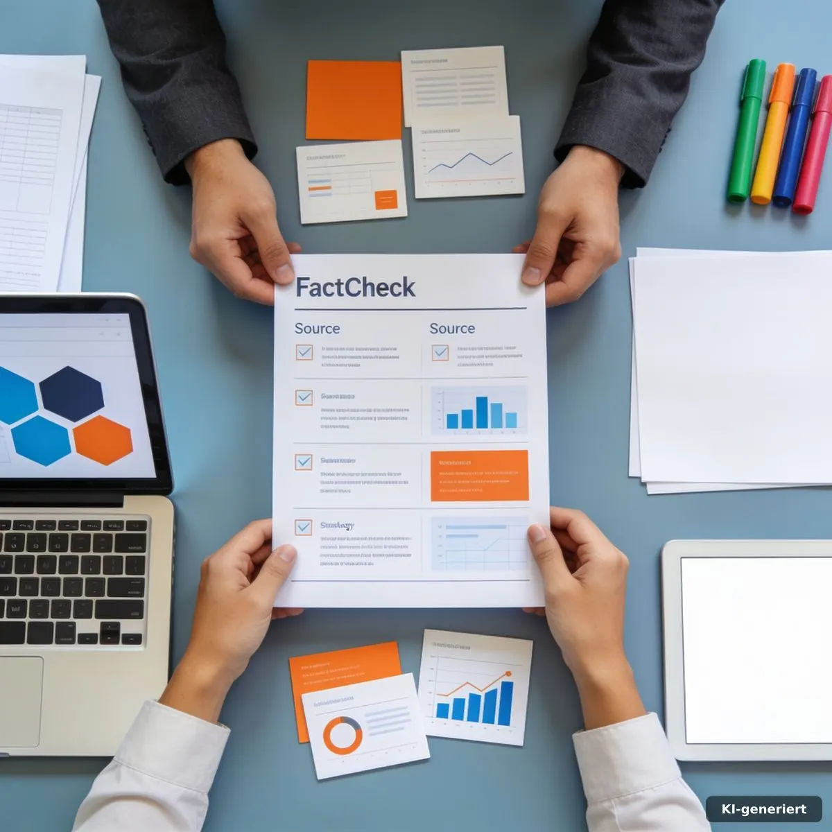 Faktencheck im Redaktionsteam mit Checkliste, Quellenkarten und markierten Aussagen