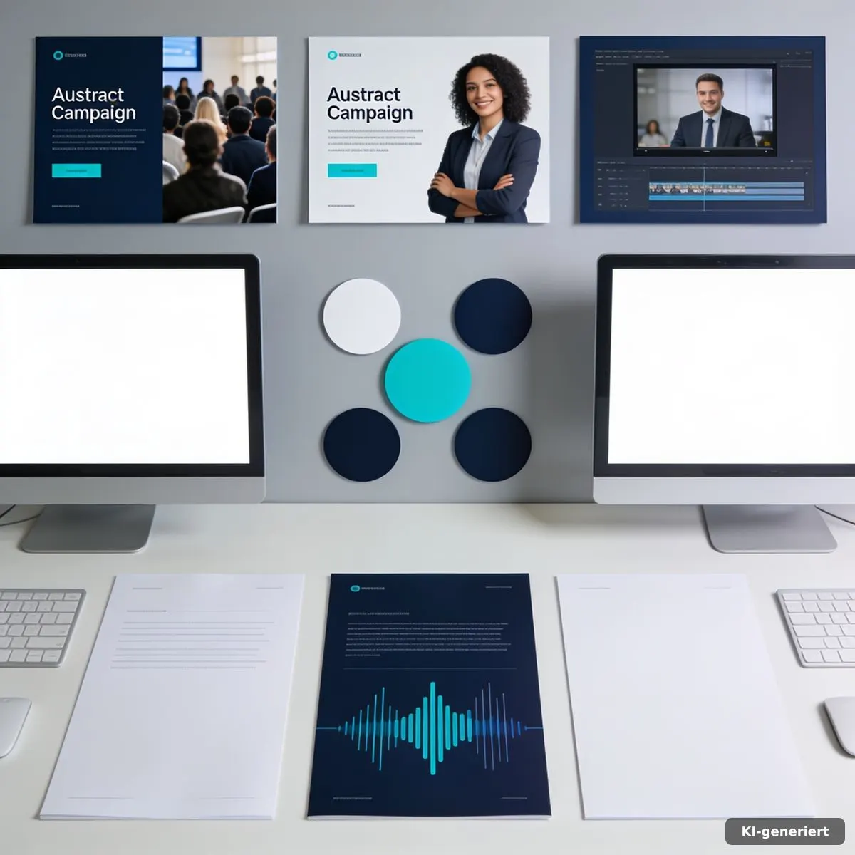 Redaktioneller Arbeitsplatz mit abstrakten Elementen für Display-, Video- und Audiokampagnen