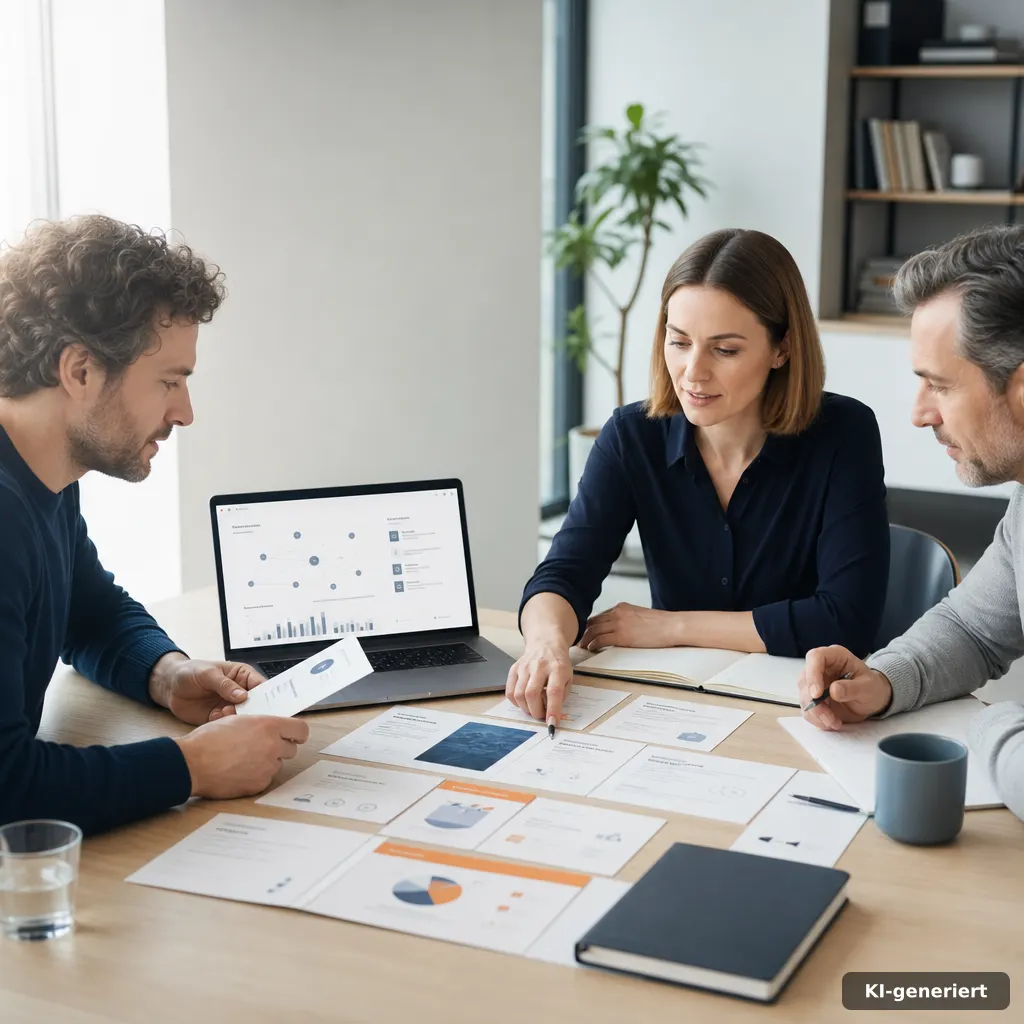 Marketingteam prüft Anzeigenkarten und Freigaben an einem Tisch