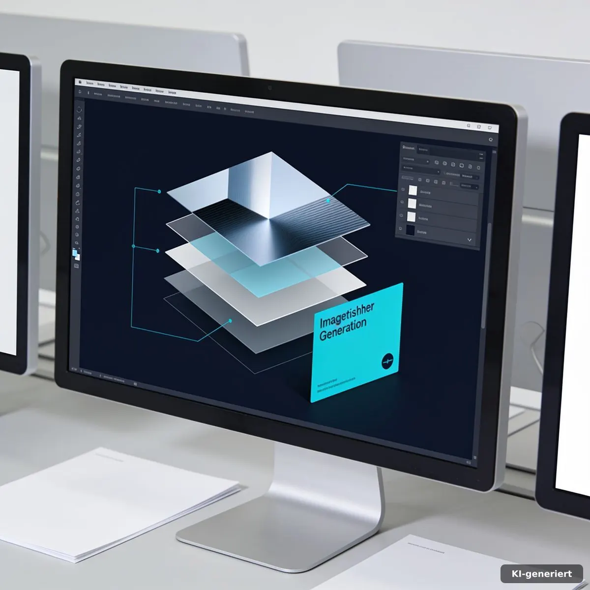 Monitor mit abstraktem Bild-Workflow und hervorgehobener visueller Anzeige
