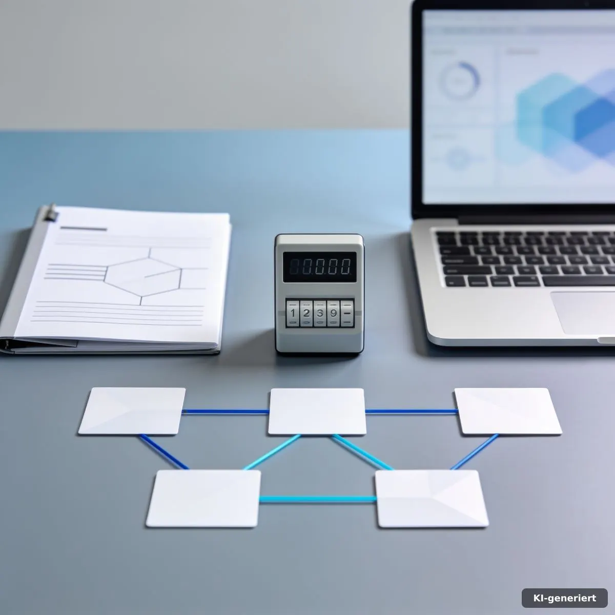 Datensouveränität Marketing mit Datenkarten, Ordner und Laptop auf einem strukturierten B2B-Arbeitsplatz