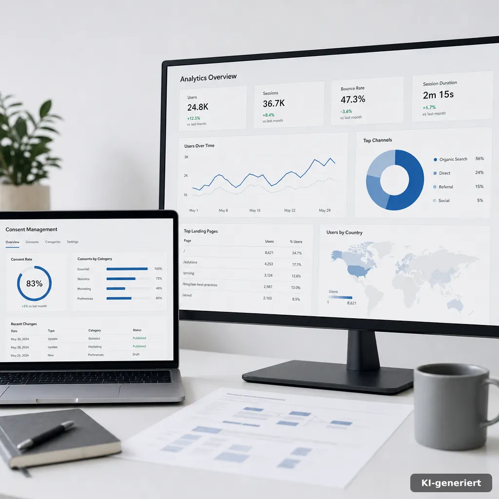 Analyse-Dashboard und Consent-Oberfläche an einem Arbeitsplatz