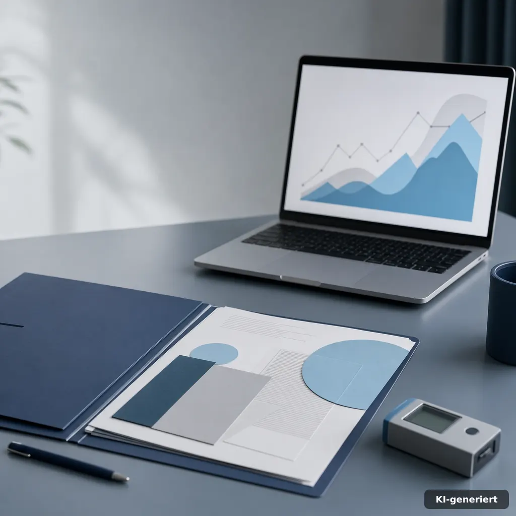 Pressearbeit-Erfolge messen mit Analytics-Dashboard, Medienbelegen und strukturierten Kennzahlen auf blau-grauem Schreibtisch