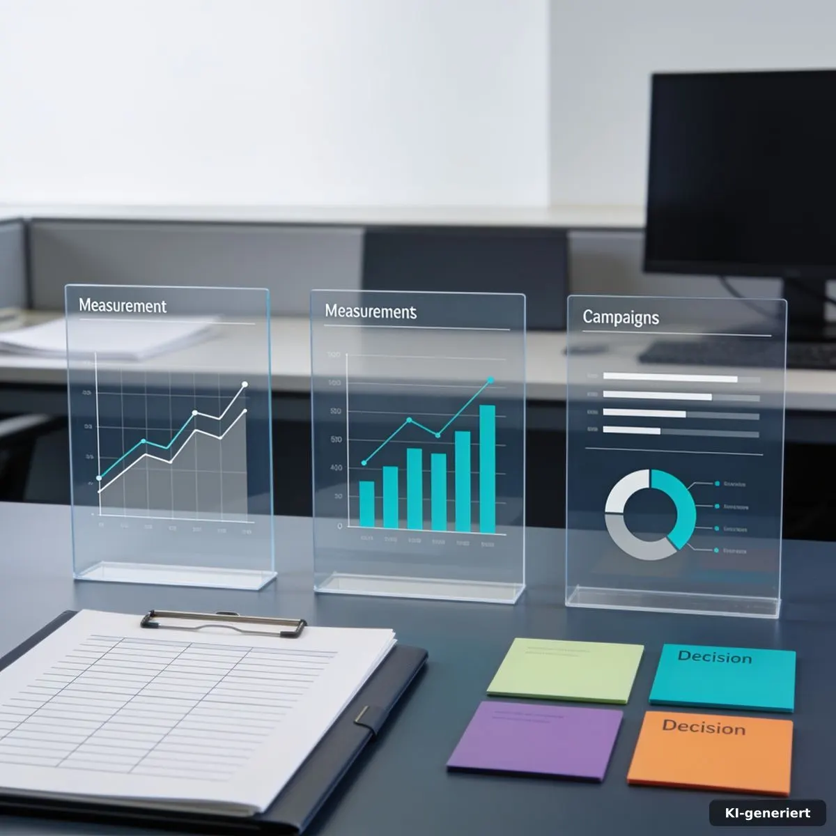 ROI KI Marketing: Team analysiert abstrakte Kampagnendaten auf Bildschirmen mit klarer Messlogik