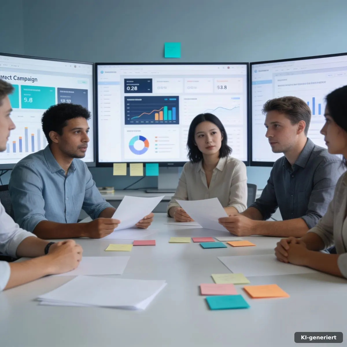 Marketing-Team bewertet Kampagnendaten und KI-Wirkung an einem modernen Arbeitsplatz